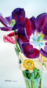 Daffodils and Purple Tulips.
