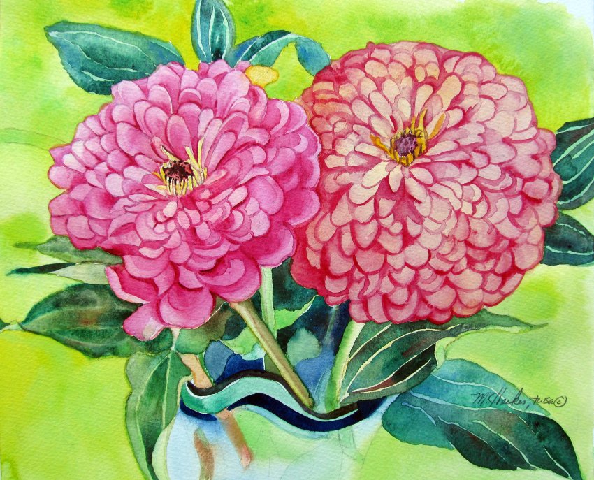 Fuchsia Zinnias With Lime Background