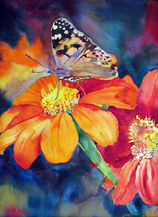 Tangerine Zinnias & Monarch