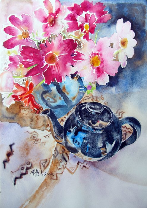 Ebony Teapot & Pink Cosmos Bouquet