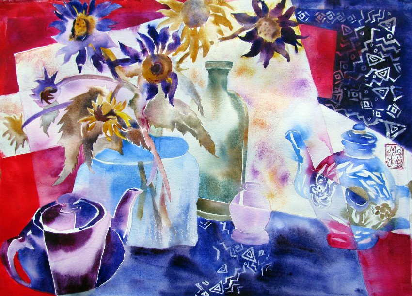 Teapot Series #21: Sunflowers & Bottles