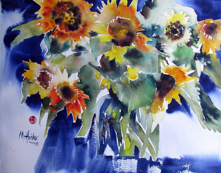 Cadmium Sunflowers with Indigo