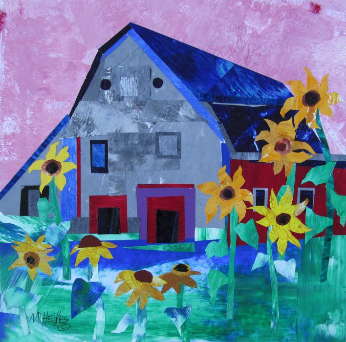 Gray Barn with Sunflowers