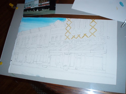 Painting of Centerville square, in progress.